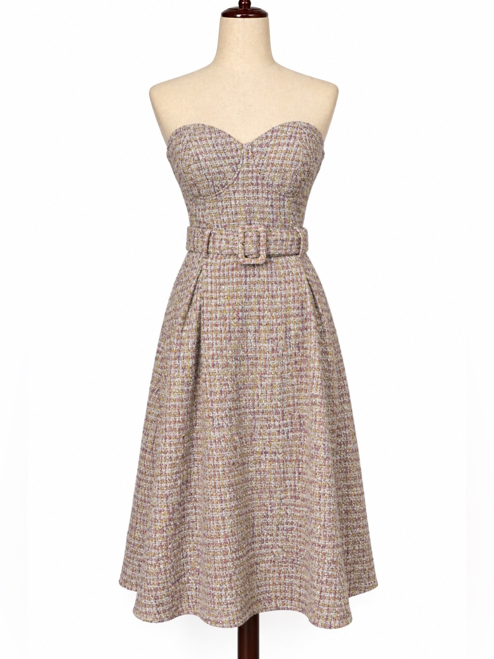 Purple tweed strapless & belted fit & flare midi retro dress. Blues + pink, 8-10